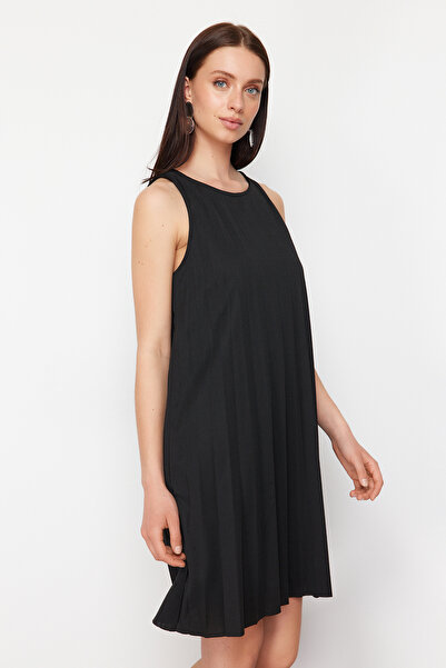 Trendyol Collection Black Pleated A-line/Bell Form Lined Stretchy Knitted Mini Dress TWOSS24EL00786