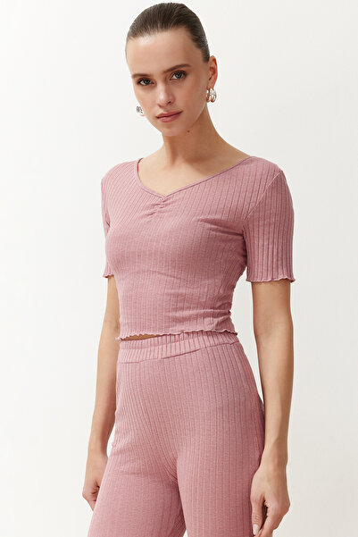 Trendyol Collection Dried Rose V-neck Gather Detailed Ribbed Stretch Knitted Blouse and Trousers Bottom-Top Set TWOSS24AU00100