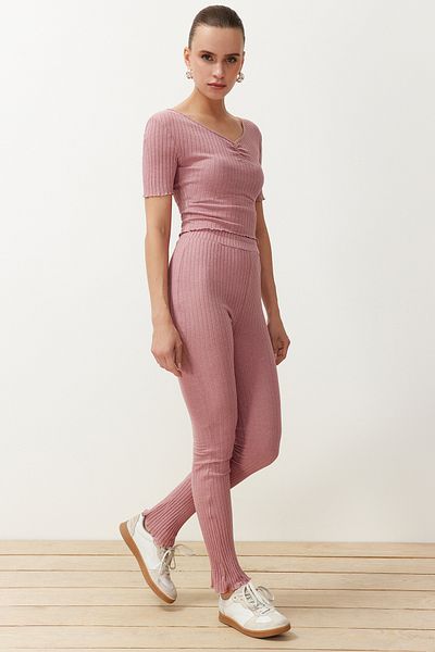 Trendyol Collection Dried Rose V-neck Gather Detailed Ribbed Stretch Knitted Blouse and Trousers Bottom-Top Set TWOSS24AU00100