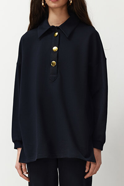 Trendyol Modest Polo Collar Oversize Black Bottom-Top Set - Bottom: Knitted, Top: Knitted, Button Detailed TCTSS24US00057