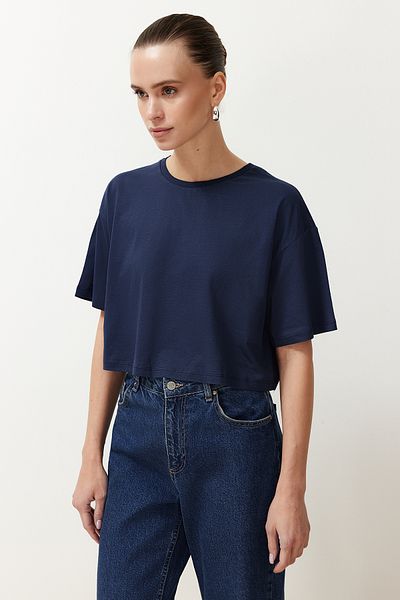 Trendyol Collection Sötétkék-Fukszia 2 csomag 100% Pamut Relax/Kényelmes Cut Crop Kötött póló TWOSS24TS00224
