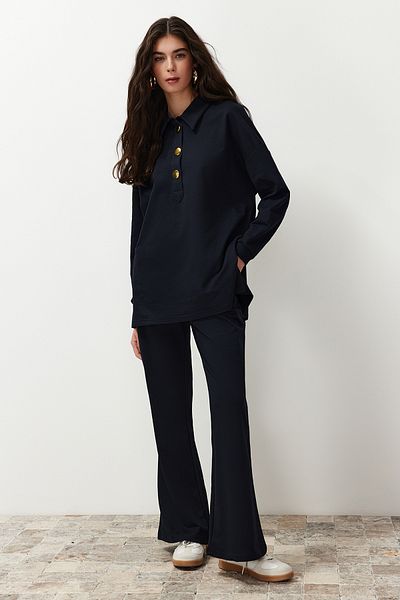 Trendyol Modest Polo Collar Oversize Black Bottom-Top Set - Bottom: Knitted, Top: Knitted, Button Detailed TCTSS24US00057