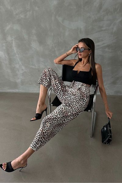 pearpio Women's Leopard Printed High Waist Pleated Pants