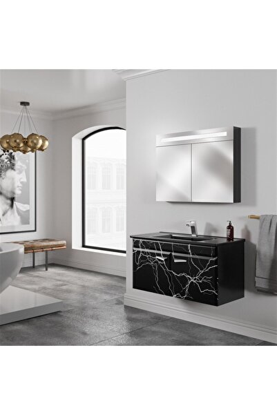 Belinza Marble Banyo Dolabı Takımı Siyah 85 Cm
