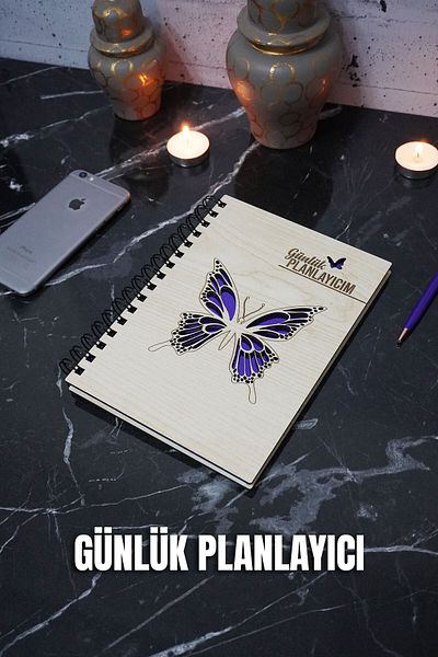 markcat Caiet de planificare din lemn cu design fluture - Agenda fără timp - Planificator zilnic - Caiet de planificare A5