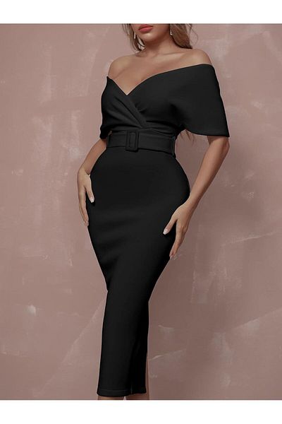 rengamoda V-Neck Scuba Fabric Women's Evening Dress with Belt - Colorful