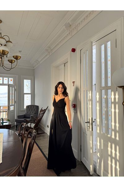 Mekafashion Black Talia Rope Strap Double Breasted Collar and Slit Evening Dress