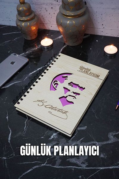 markcat Mustafa Kemal Atatürk Ξύλινο Σημειωματάριο Προγράμματος - Αντικείμενο χωρίς ημερομηνία - Ημερήσιος Προγραμματιστής (PLANNING NOTEBOOK) A5