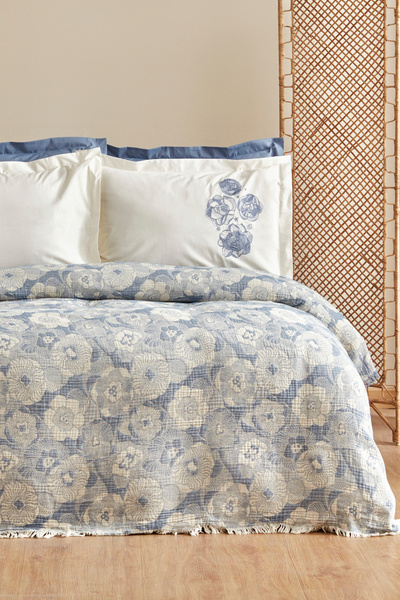 Karaca Home Σετ κρεβατιού Blue Misty Κεντητό Muslin Διπλό Πικέ