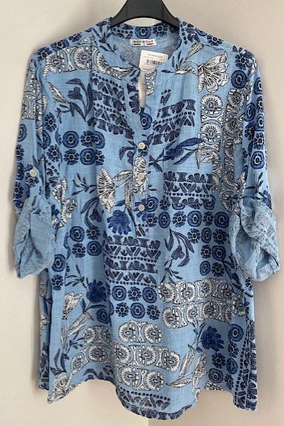 AYASOFYA OTANTIK Women's Italian Light Blue Buttoned Placket Collar Pocket Ethnic Flower Pattern Foldable Orphan Sleeve Blouse