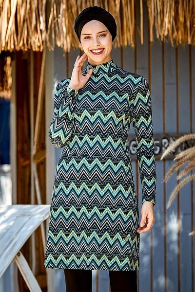 Kapılı Women's Lycra Long Sleeve Geometric Pattern Full Covered Hijab Swimsuit