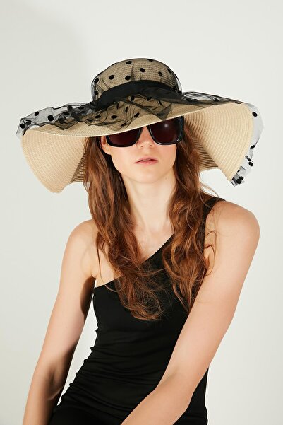 Axesoire 14542 Tulle Polka Dot Black Wide Straw Hat