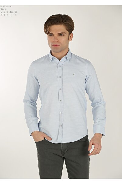 Brango Blue Side Stripe Striped Slim Fit Oxford Embroidered Shirt