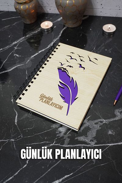 markcat Caiet de planificare pentru jurnal din lemn cu pene de pasăre - Agenda fără timp - Caiet de planificare nedatat - A5
