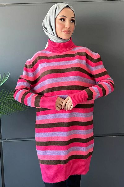 julude Fuchsia Full Turtleneck Line Patterned Color Blocked Women's Hijab Knitwear Tunik