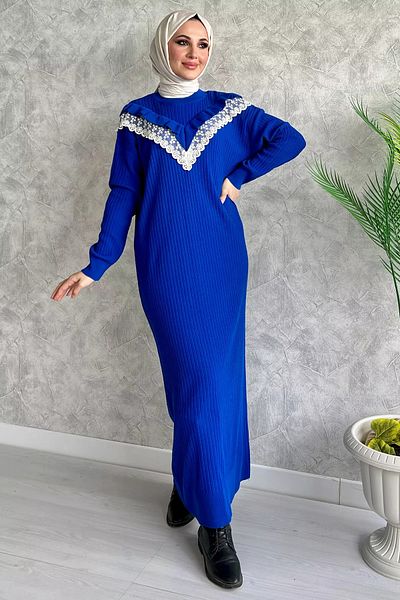 julude Sax Blue Crew Neck Scallop Λεπτομερές ριγέ μοτίβο Γυναικείο Πλεκτό Φόρεμα Hijab