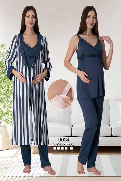 CT MODA Navy Blue Lace Women's Pajamas and Dressing Gown Set - Strappy Cotton Maternity Set