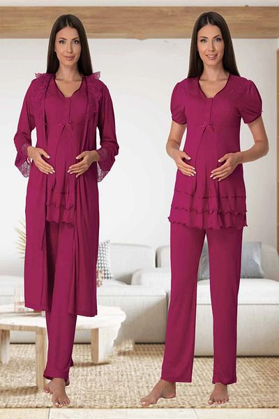 CT MODA Fuchsia Design Maternity and Maternity Dressing Gown Pajama Set - Princess Sleeves, Cotton