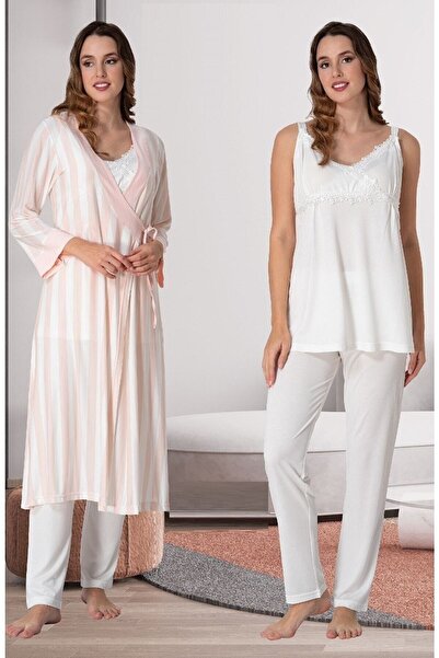 CT MODA طقم ملابس نوم وملابس نوم مخططة من القطن باللون البني الفاتح