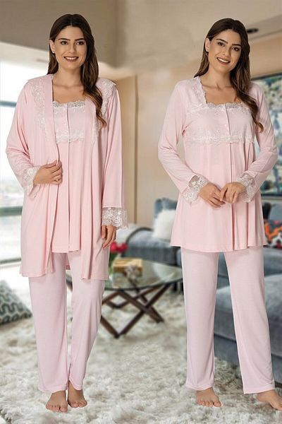 CT MODA Pink Lace Detailed Maternity and Maternity Dressing Gown and Pajama Set - Set of 3