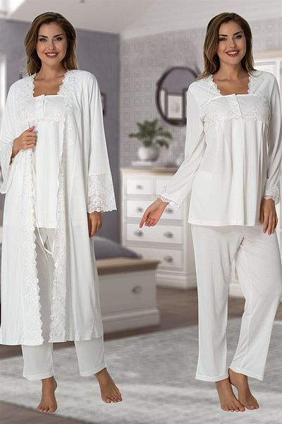 CT MODA Ecru Lace Cotton Long Sleeve Maternity and Maternity Pajamas and Dressing Gown Set