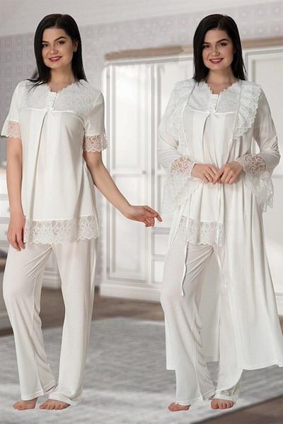 CT MODA Ecru Colored - Lace Maternity Pajamas and Dressing Gown Set