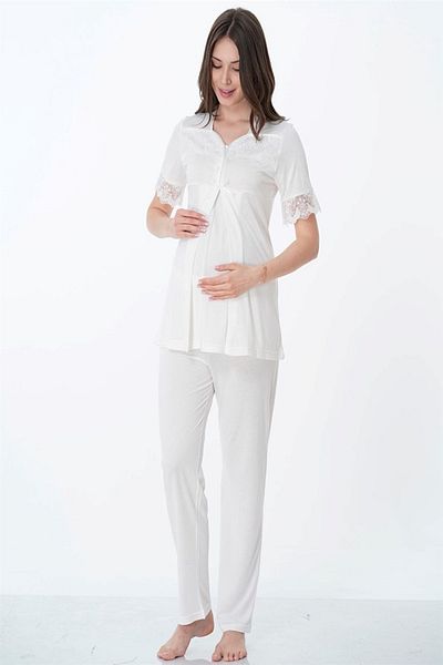 CT MODA Ecru Lace Cotton Maternity and Maternity Dressing Gown Pajamas Set - Set of 3