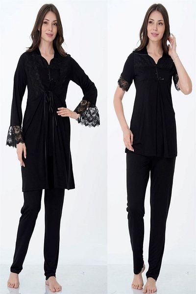 CT MODA Black Lace Women's Pajamas and Dressing Gown Set - Set of 3 for Pregnant Maternity