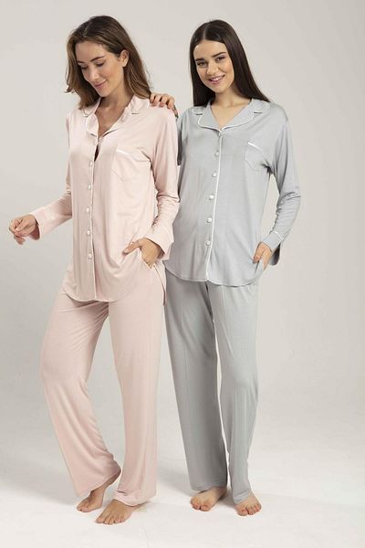 CT MODA Gray Polka Dot Maternity and Maternity Pajamas Set - Buttoned Front