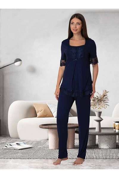 CT MODA Navy Blue Lace Sleeve Effort Women's Maternity Pajama Set - Maternity Buttoned