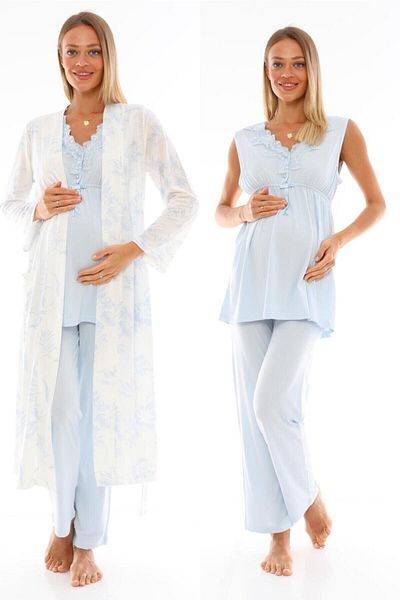 CT MODA Effort Women - Set de pijamale confortabile din 3 piese cu guler din dantelă albastră Maternitate Maternitate