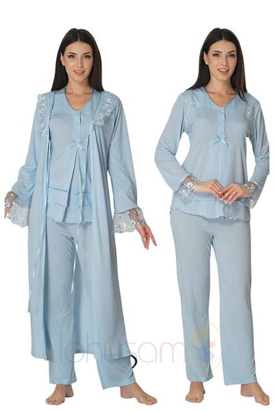 CT MODA Set de pijamale de maternitate și de maternitate din bumbac cu dantelă albastră