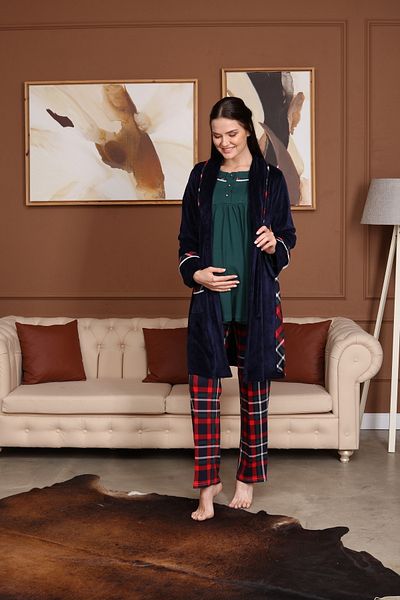 CT MODA Navy Blue Velvet Plaid Women's Pajamas and Dressing Gown Set