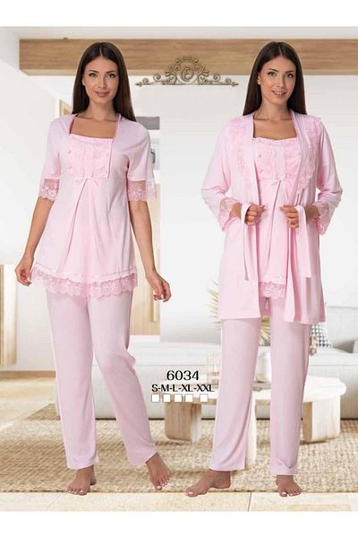 CT MODA Pink Lace Sleeve Effort Women's Pajamas Set - 3-Piece Maternity Pajamas Set with Buttons and Dressing Gowns