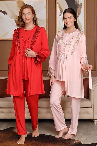 CT MODA Powder Lace Women's Maternity Pajamas and Dressing Gown Set - Maternity Set of 3