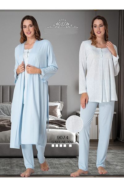 CT MODA Set de pijamale de maternitate, din bumbac, cu mânecă lungă, cu model albastru pentru femei
