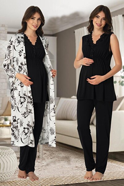 Generic Brand Set pijamale și halat de baie cu guler din dantelă neagră pentr...