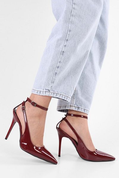 Shoeberry Women's Mila Claret Red Patent Leather Belted Ankle Stiletto