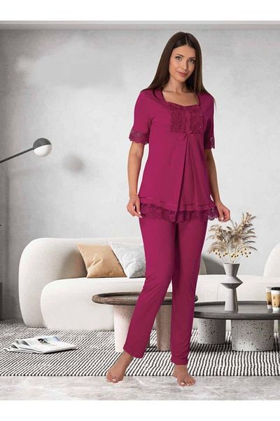 CT MODA Fuchsia Lace Sleeve Effort 3-Piece Pajamas Set - Maternity Pregnant Dressing Gown