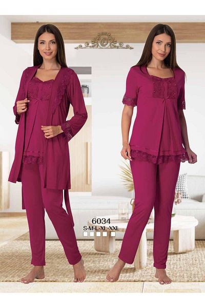 CT MODA Fuchsia Lace Sleeve Effort 3-Piece Pajamas Set - Maternity Pregnant Dressing Gown