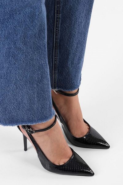 Shoeberry Women's Mila Black Crocodile Belt Ankle Stiletto