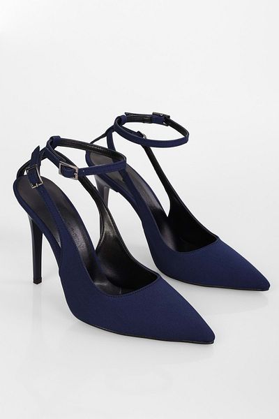 Shoeberry Damen-Knöchelstiletto „Mila“ in Marineblau mit Satingürtel