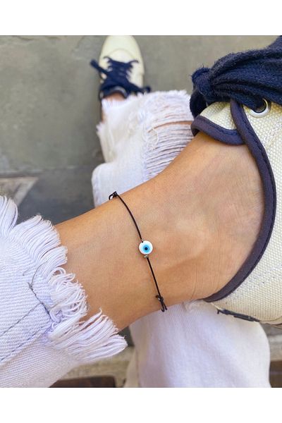 Atelier Çağla Black String Anklet with White Glass Evil Eye Beads