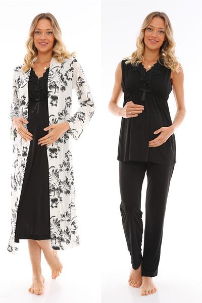 CT MODA Effort Women - Black Lace Collar 4-Piece Pajamas and Nightgown Set Comfortable Maternity Pregnant with Dressing Gowns