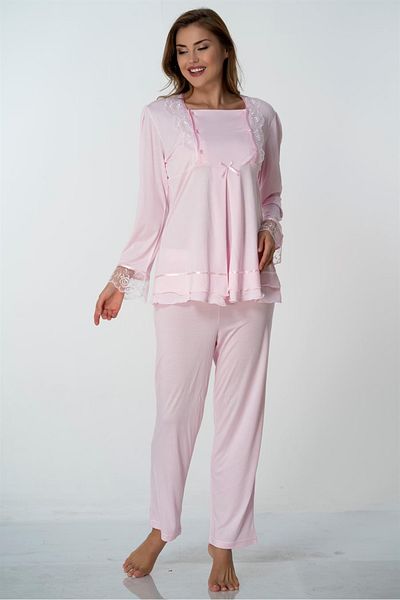 CT MODA Pink Lace Long Sleeve Cotton Maternity Pajama Set - Lohusa