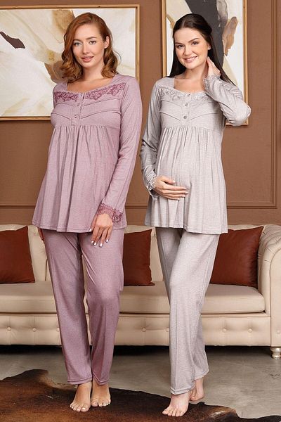 CT MODA Beige Velvet Maternity Pajamas and Dressing Gown Set