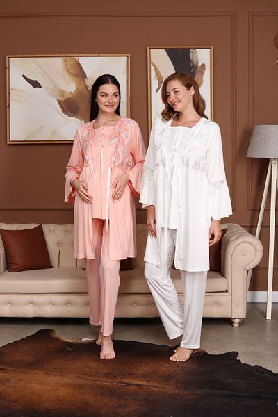 CT MODA Women's Lacy Salmon Pajamas and Dressing Gown Set of 3 - for Maternity Pregnant