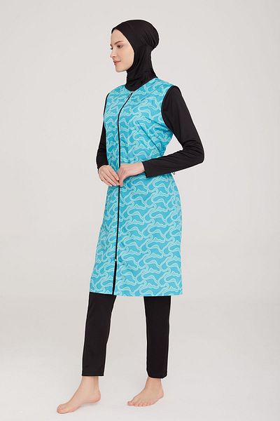 Kapılı Women's Lycra Long Sleeve Black Blue Patterned Full Covered Hijab Swimsuit