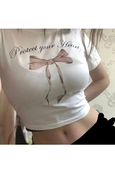 Köstebek Tricou Crop pentru damă cu imprimeu cu panglică Protect Your Heart
