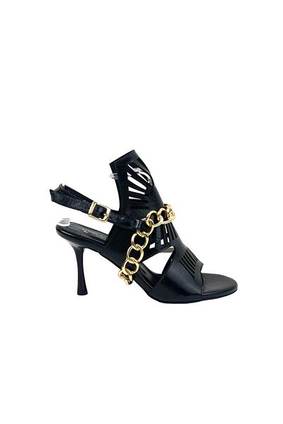 bescobel Women's Kokla Black Thin Heel Chain Detailed Evening Dress Shoes 8 Cm 601